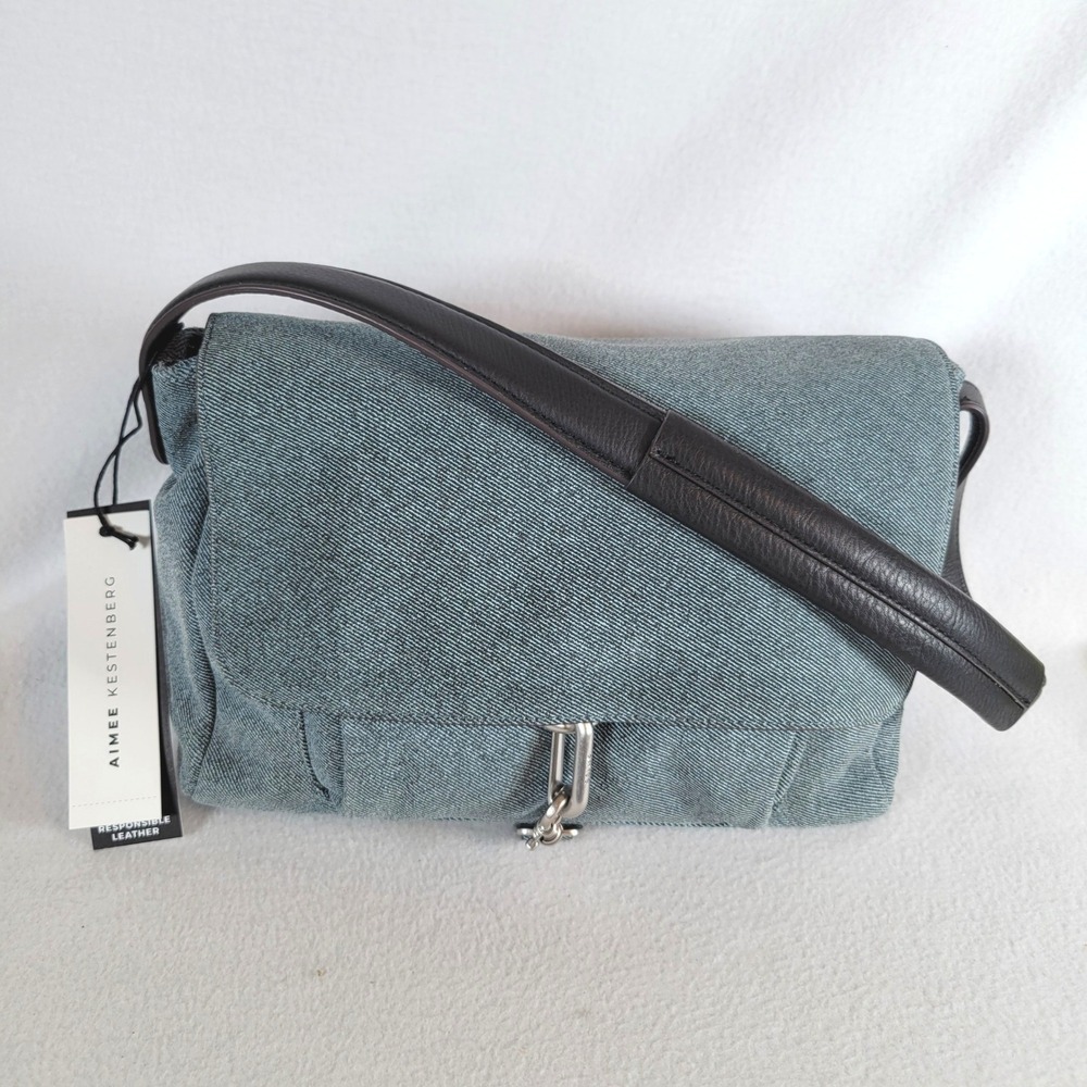 Aimee Kestenberg Womens Essex Denim Leather Shoulder Bag Purse Blue Retro 80s